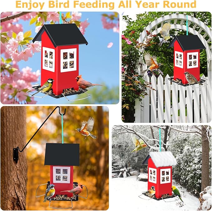 2 Pack Bird House Feeders for Outdoors Hanging - Metal Wild Bird House Feeders with 4 Ports, Country House Design, Garden Yard Decor Weatherproof Outdoor Feeder, (Red)