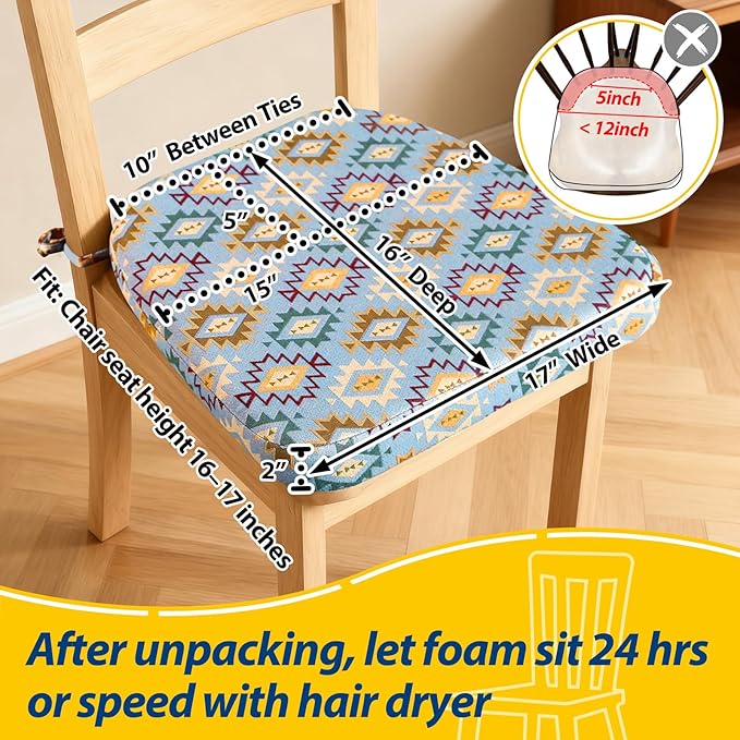 AAAAAcessories D-Shaped Chair Cushions, 2" Thick Dining Chair Pads with Ties and Removable, Machine-Washable Cover, 17" x 16", Set of 2, Geometric Blue