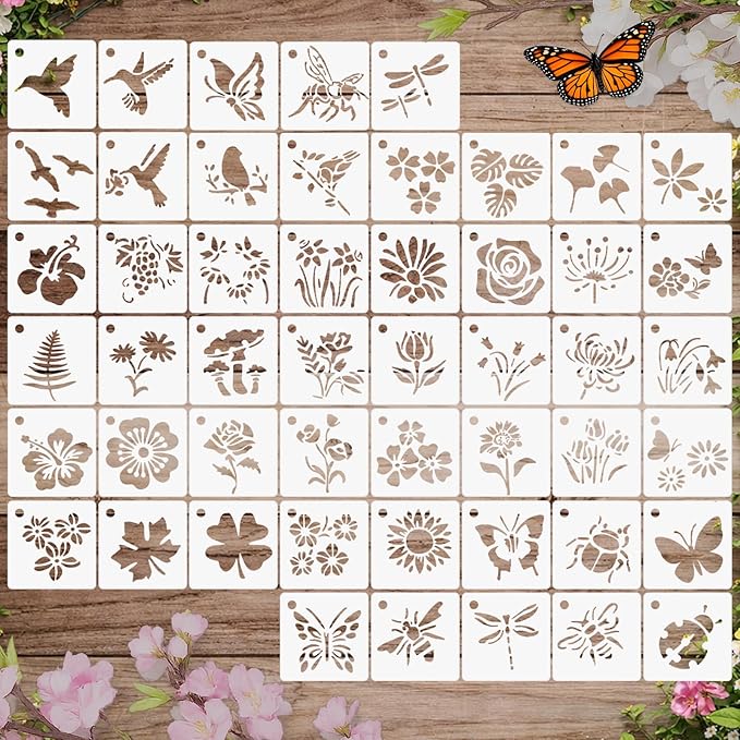 50 PCS Small Flower Stencils for Painting, Reusable Spring Stencils for Wood, Wall, Canvas & Cards, Holiday Crafts(3×3 Inch)