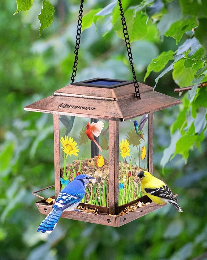 Solar Bird Feeders for Outdoors - 2.5 LBs Metal Wild Large & Small Bird Feeder for Outside Hanging, Gift Ideas for Avian Enthusiast Garden Yard Seeds (Chew-Proof, Weather Resistance)