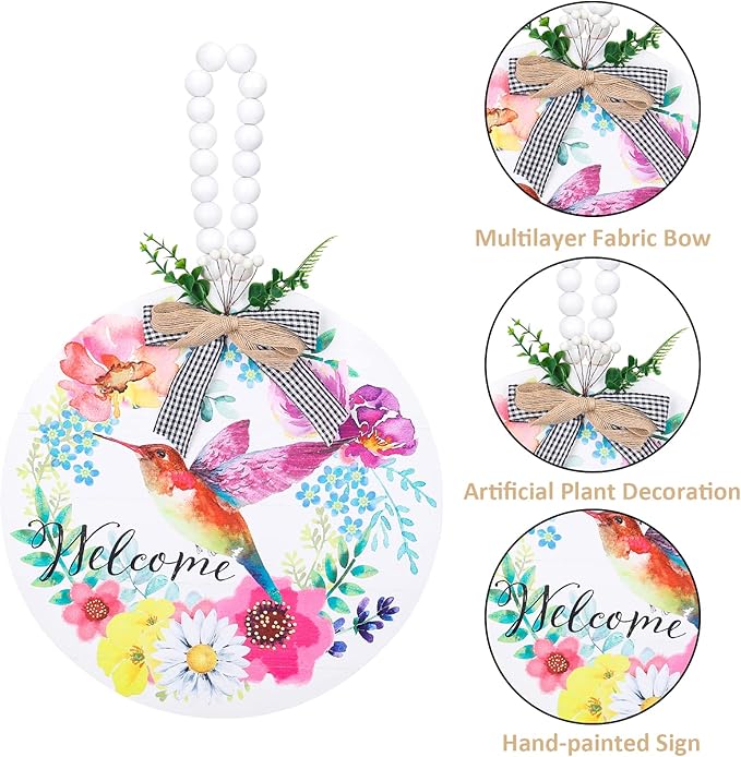 Welcome Spring Hummingbird Sign for Front Door Decor, Floral Flowers Summer Door Hanger for Outside Porch, Seasonal Farmhouse Wooden Welcome Sign Indoor Wall Hanging Decoration