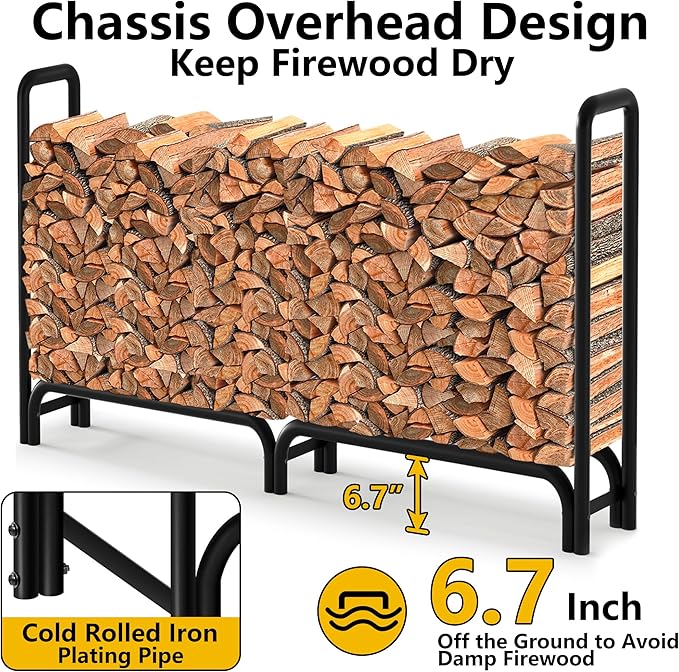 Amagabeli 8ft Firewood Log Rack with Cover Outdoor Heavy Duty Firewood Rack With Weather Resistant 600D Oxford Fabric Cover Indoor Outdoor Wood Racks for Fire Wood Holder