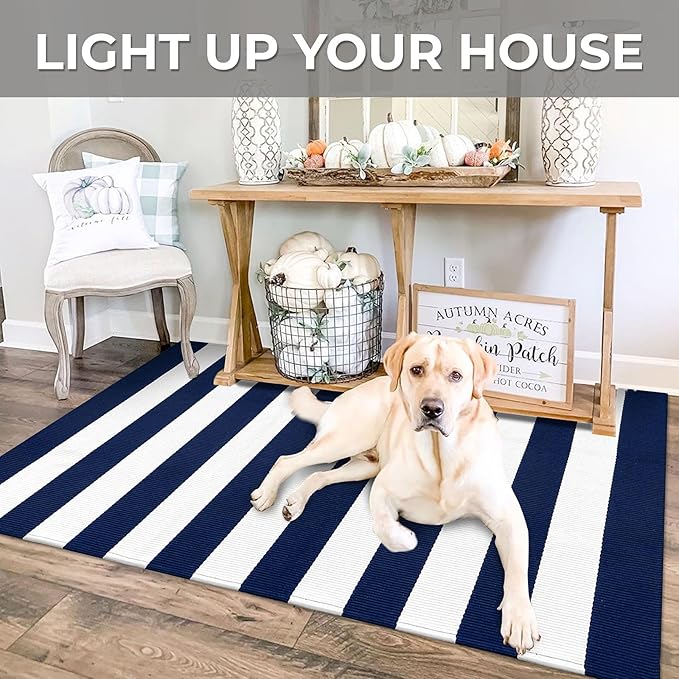 IOHOUZE Navy White Striped Rug -27.5" X 43" Front Door Mats Outdoor,Washable Rug for Front Porch Decor,Spring Summer Welcome Mats Outdoor Indoor, Doormat for Farmhouse/Entryway/Home Entrance