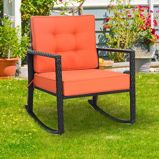 Tangkula Wicker Rocking Chair, Outdoor Glider Rattan Rocker Chair with Heavy-Duty Steel Frame, Patio Wicker Furniture Seat with 5” Thick Cushion for Garden, Porch, Backyard, Poolside (2, Orange)