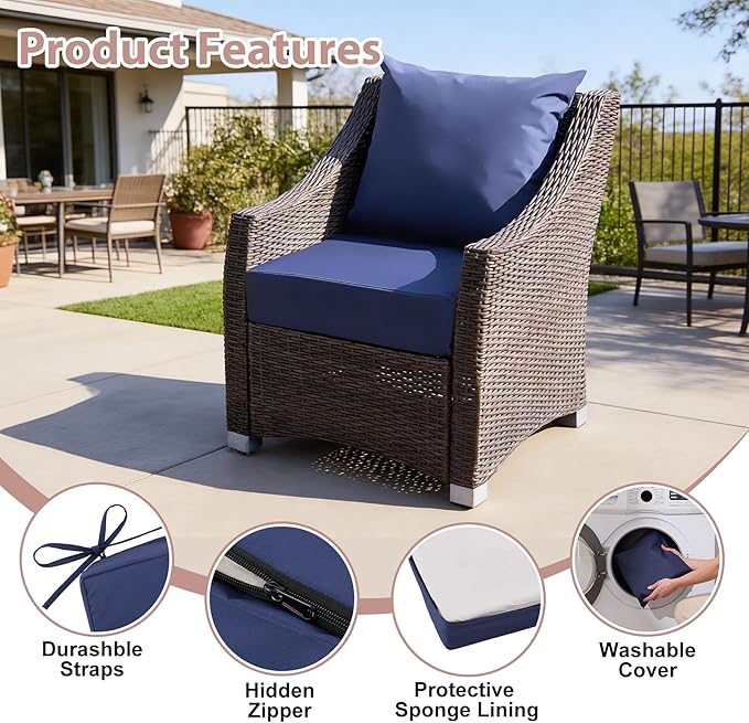 Outdoor Deep Seat Cushion Set, 24x24 Inch Water-Resistant & Fade-Resistant Outdoor Chair Cushions, Patio Furniture Cushions with Removable Cover for Patio Chair, Sofa,Navy Blue (Set of 6)