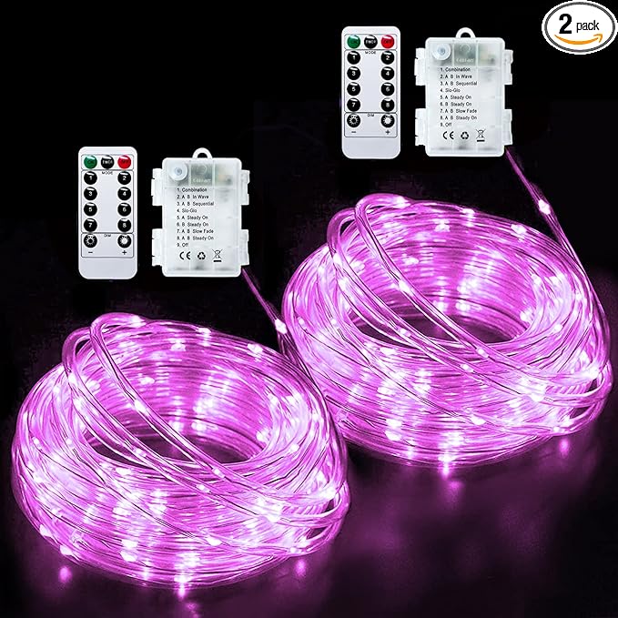 JMEXSUSS 2 Pack Pink String Lights Battery Operated Rope Lights Outdoor, 33ft 100 LED Battery Powered Christmas Lights with Remote, 8 Modes Pink Fairy Light for Garden Party Valentines Day Decorations