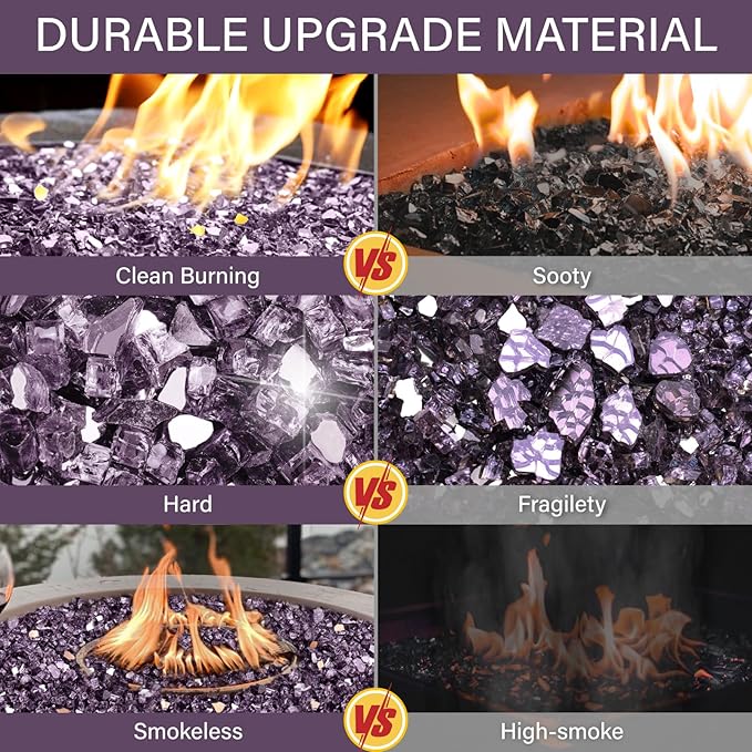 NUPICK 5 Pound Fire Glass, 1/2 Inch Reflective Fire Pit Glass, Tempered Firepit Glass Rock for Propane or Natural Gas, Glass Rocks for Fire Pit Table, Fireplace Glass for Landscaping, Violet