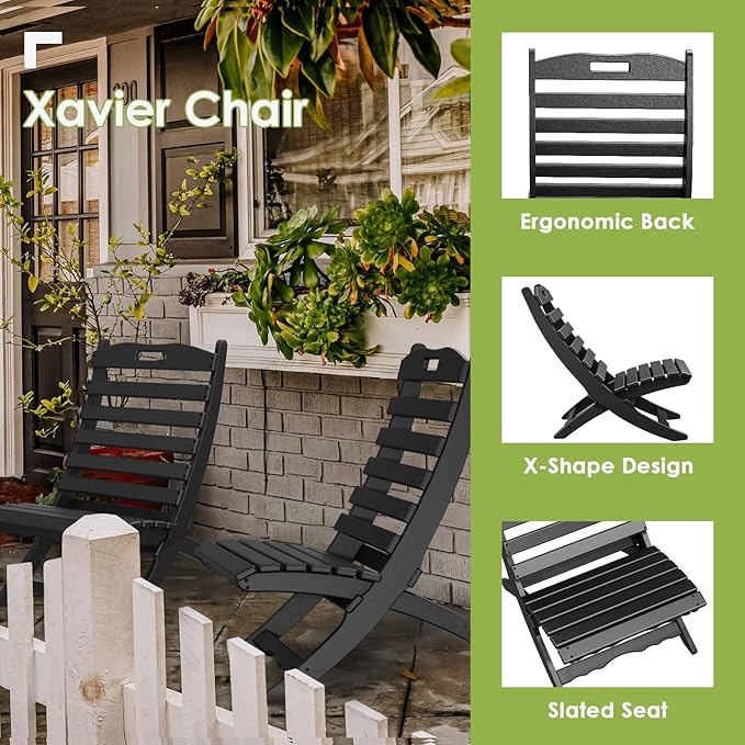 GREENVINES Folding Wave Chairs Set of 4 | Xavier | Portable Adirondack Chair | HDPE Plastic | All Weather | Black | for Fire Pit Beach Poolside Outdoor Deck Garden Patio Porch Fishing