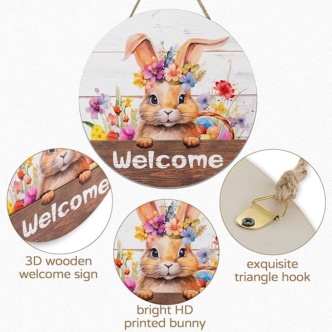 Easter Decorations for Front Door: Spring Wreath Bunny 3D Welcome Sign for Wall Decor Rabbit Wreaths Hanging