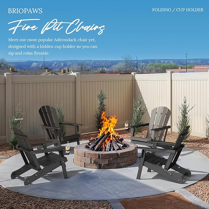 BRIOPAWS Folding-Adirondack-Chair | HDPE Plastic | Fire Pit Chairs | Cup Holder | Curved Back | All Weather | for Outdoor Backyard Deck Patio | Black
