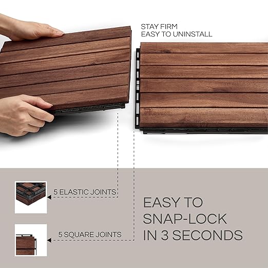 10 Pcs Deck Tiles, Patio Flooring - Outdoor Waterproof Acacia Wood Tiles for All Weather Use - Balcony, Backyard, Indoor & Outdoor (Dark Brown Striped Pattern, 10 Square Ft)