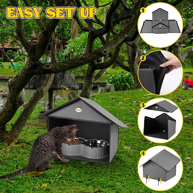 Dreyoo Outdoor Cat Feeding Station for Food & Water, Weatherproof Outdoor Kitty Dining Room Cat Shelter for Stray, Feral Cats and Community Cats, 13”d x 17”w x 15.5'h(1 Pack,Dark Grey)