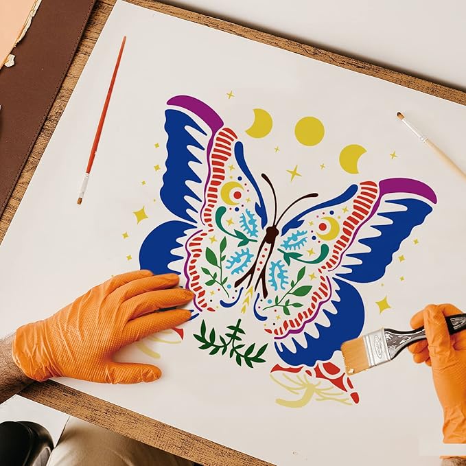 FINGERINSPIRE Butterfly Stencil 11.8x11.8 inch Moon Phase Stencils Plastic Mushroom Stencil Reusable Butterfly Moon Phase Mushroom Stars Pattern Stencils for Painting on Wood, Floor, Wall and Tile