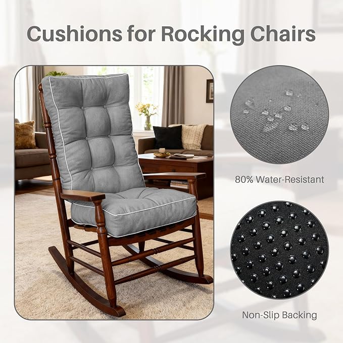 YZ HOME Rocking Chair Cushion, Set of Thicken Seat & Back Chair Cushions with Memory Foam, Non-Slip Chair Pad with Ties for for Indoor&Outdoor Rocker, Light Grey, 28 * 18 * 5/18x18x5