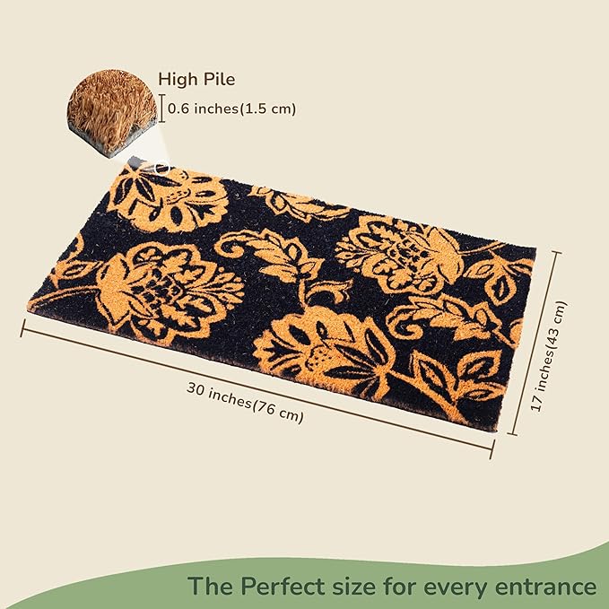 Coir Door Mat, Entryway Floor Mats with Non-Slip PVC Backing, Indoor Outdoor Mat for Front Door Decor, Door Mat, Welcome Mats with Floral Print, Navy Blue, 30"x17"