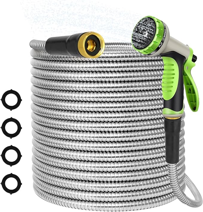 50FT Water Hose,Lightweight, Puncture & Rust Proof Heavy Duty Stainless Steel Metal 50FT Garden hose for Yard, RV, Garden, Outdoor