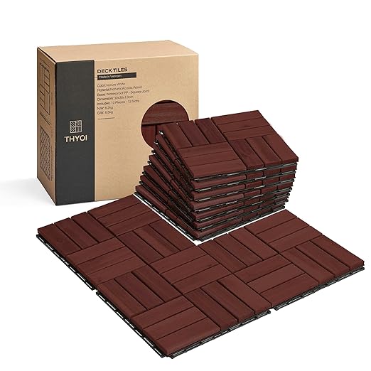 10 Pcs Deck Tiles, Patio Flooring - Outdoor Waterproof Acacia Wood Tiles for All Weather Use - Balcony, Backyard, Indoor & Outdoor (Natural Rosewood, 10 Square Ft)