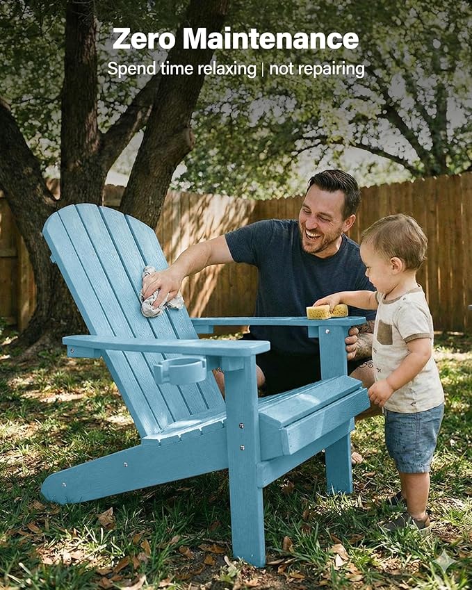 YEFU Adirondack Chairs Set of 8: Outdoor Chair HIPS Plastic Adirondack Chairs - Patio Chairs with Wood Texture - Lawn Fire Pit Deck Porch Garden Chairs for Adults (Blue)