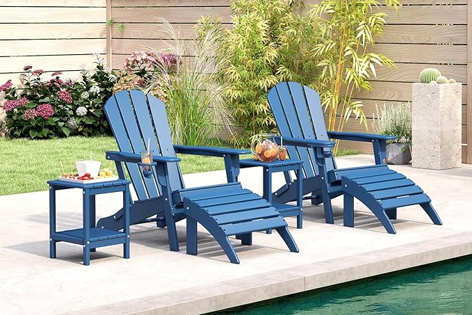 BRIOPAWS Folding-Adirondack-Chairs Set of 6 | HDPE Plastic | Fire Pit Chair | Cup Holder | Curved Back | All Weather | for Outdoor Backyard Deck Patio | Blue
