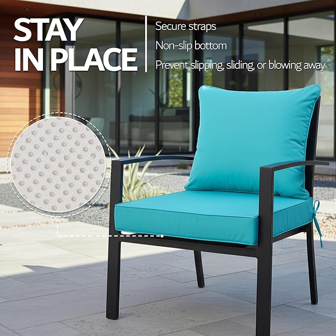 19x19 Inch Patio Chair Cushions Set of 2, Outdoor Furniture Cushions - Removable Cover, Water-Repellent, Fade-Resistant, Non-Slip Bottom & Straps, Replacement for Lawn, Porch & Deck Chair - Teal