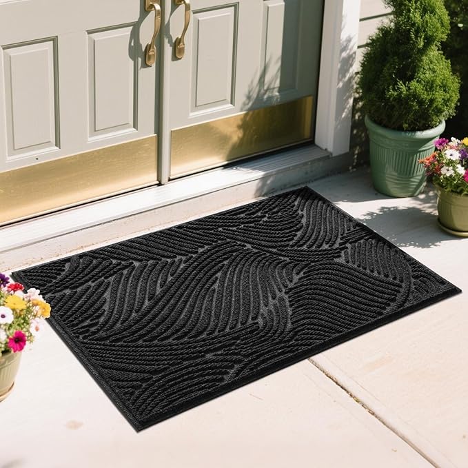 Yimobra Doormat Indoor Outdoor Entrance, Simple Stripes, All-Weather Waterproof & Non-Slip Mat for Front Door, Heavy Duty Polyester Welcome Mat for Garage, Patio-47x32，Black