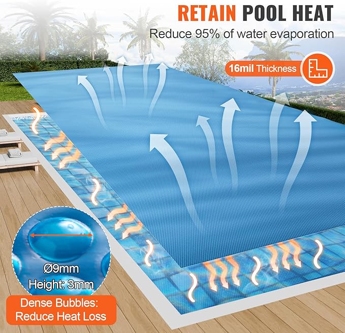 VEVOR Solar Pool Cover, 32 x 16 ft Rectangle Solar Blanket for Pools, 16 mil Solar Covers for Inground Above Ground Swimming Pool Solar, Blue