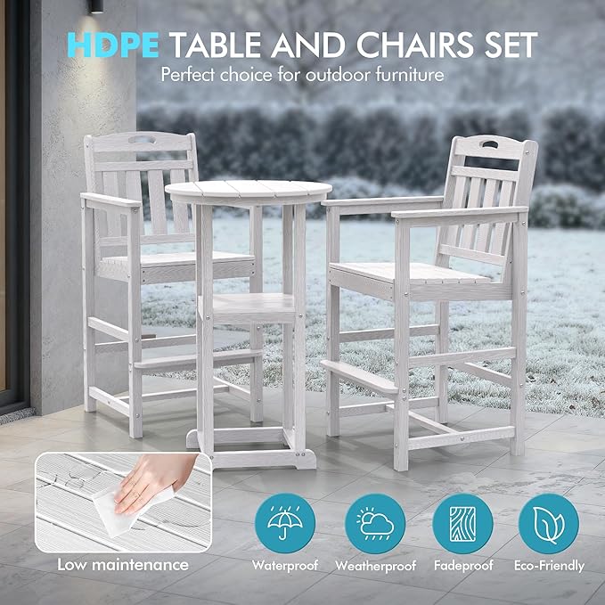 Ciokea 3-Pcs Bistro Table and Chairs, All-Weather Round High Top Bar Table with Storage Shelf and 2 Oversized Adirondack Chairs, Heavy Duty Outdoor Bar Set Patio Bistro Set for Balcony Deck, White