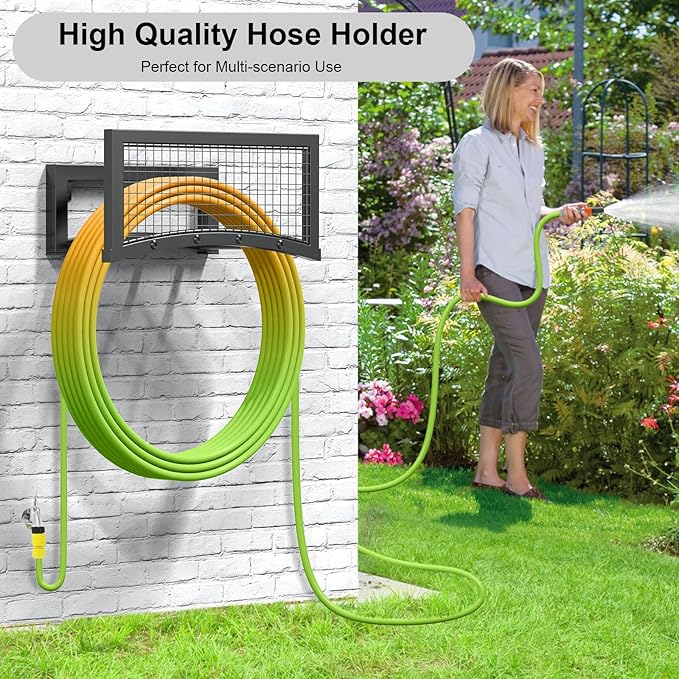 Garden Hose Holder Wall Mount, Heavy Duty Metal Hose Holds for Garden Hose 150FT, Outdoor Water Hose Reel Storage Organizer Rack, Easy Install, Black