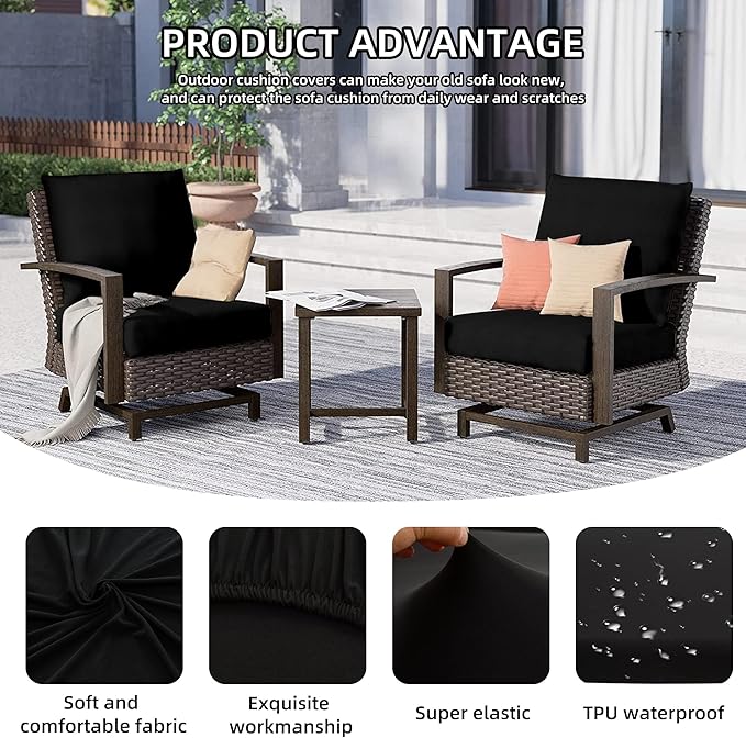 8Pcs Outdoor Cushion Covers, Patio Cushion Covers,Stretch Elastic Slipcovers, Replacement Washable & Reusable Furniture Protector for Patio Couch (Black,Cover Only)