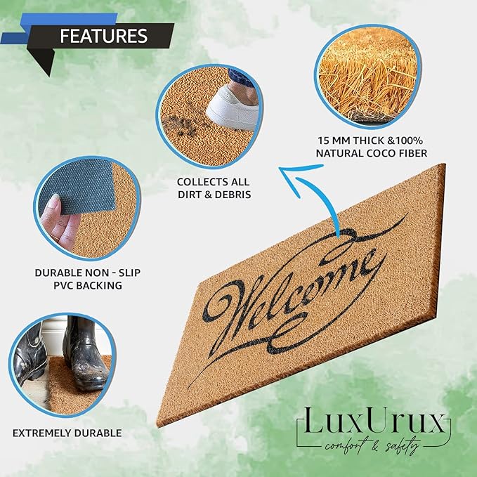 LuxUrux Welcome Mats Outdoor Coco Coir Doormat, with Heavy-Duty PVC Backing - Natural - Perfect Color/Sizing for Outdoor/Indoor uses. (17 x 36)