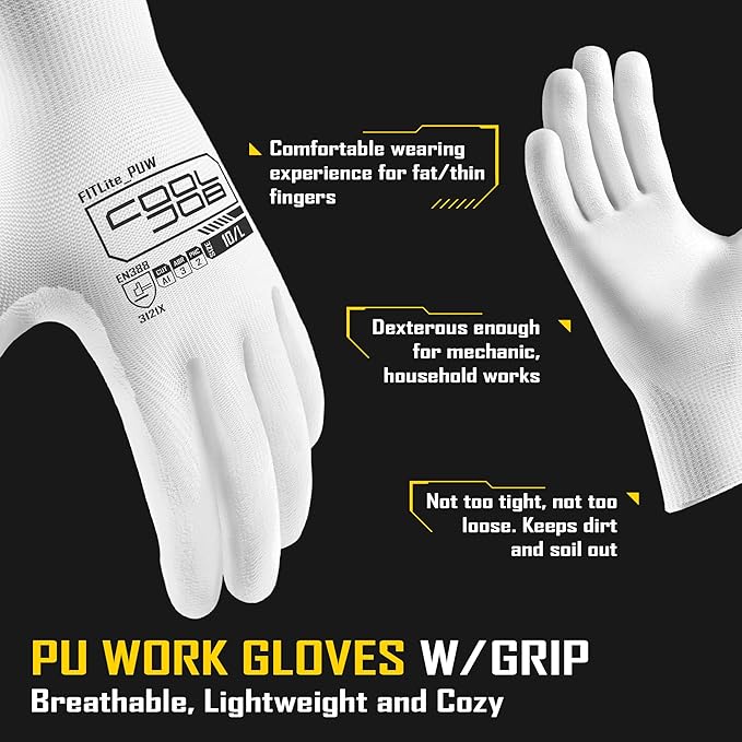 COOLJOB 60 Pairs Safety Work Gloves Pack Bulk with Grip PU Coating, 13 Gauge Seamless Knit Gloves with Polyurethane Dipped for Warehouse Working, Breathable Lightweight for Men Women, White Xlarge