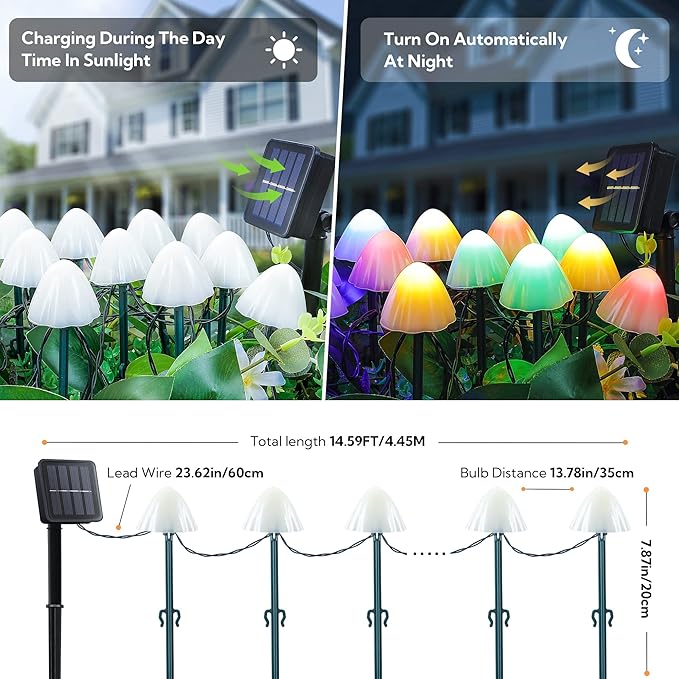 Set of 12pcs Mushroom Solar Garden Lights,2 Modes 14.5ft Solar Powered Mushroom Night String Lights Waterproof for Outdoor Pathway Garden Lawn Party Christmas Decor (Multicolor)