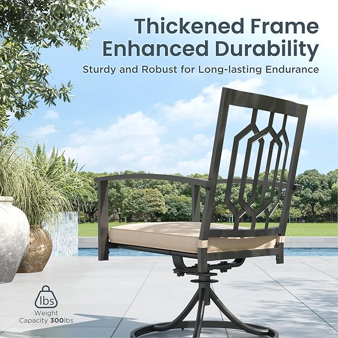 PHI VILLA 7 Pieces Outdoor Dining Set for 6, 59" Rectangular Wrought Iron Table with Umbrella Hole & Swivel Metal Steel Chairs with Cushions, Outside Furniture Set for Patio, Porch, Deck, Backyard