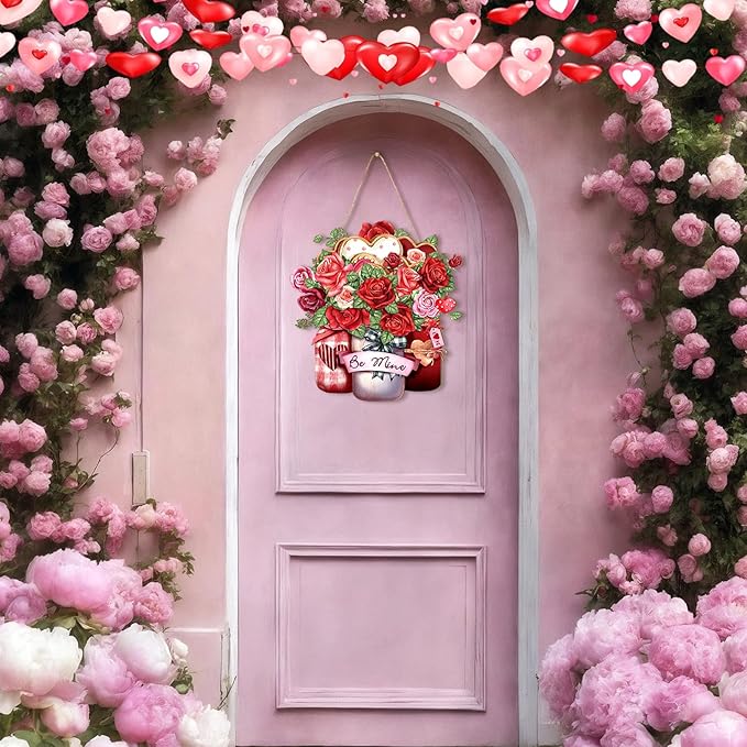 Juexica Valentines Door Decor Rose Wood Hanging Sign Wooden Farmhouse Welcome Sign with Heart Shaped Porch Home Farmhouse Valentines Front Door Wedding Anniversary Home Wall Decor