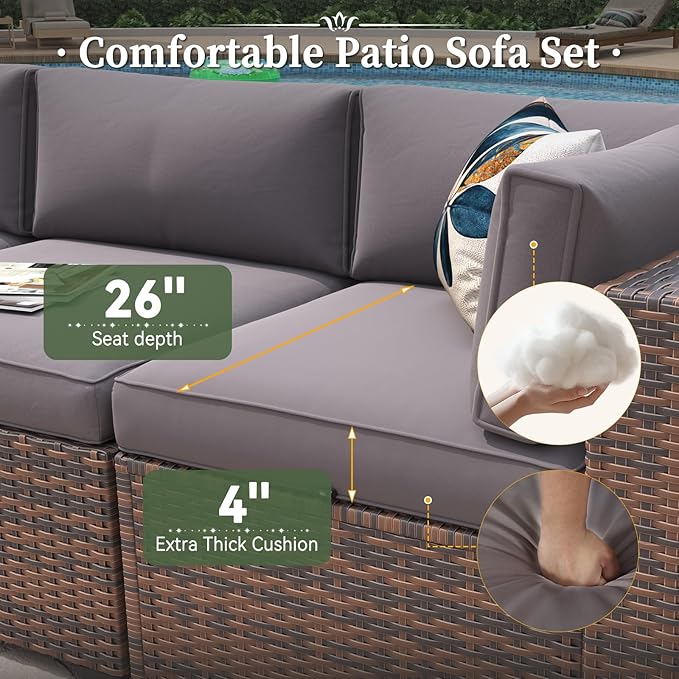 Aoxun 6 Piece Patio Furniture Set with Wide Armrests Wicker Rattan Outdoor Sectional Sofa Set with Coffee Table and Thickened Cushions, Brown/Grey(Waterproof Cover Included)