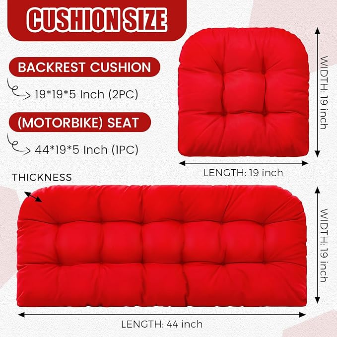 Barydat 3 Pack Wicker Furniture Cushions Waterproof Outdoor/Indoor Tufted Wicker Chair Cushions 1 Loveseat and 2 U-Shape Rattan Chairs for Patio Furniture, Rattan Love Seat, Bench(Red)