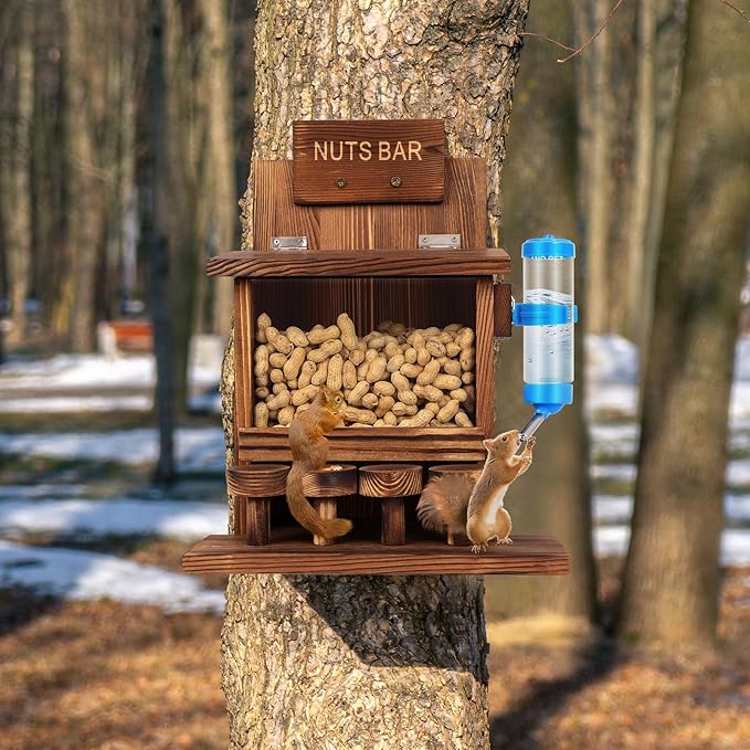 Squirrel Feeders for Outside Tree Wooden Squirrel Picnic Table Feeder for Corn Peanut Hanging Chipmunk House The Nut Bar with Squirrel Water Feeder