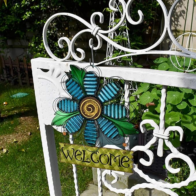 Large Rustic Metal Blue Flower Welcome Wall Art Decor Hanging Metal Flower Welcome Door Wreath Kitchen Living Room Bathroom Patio Garden Yard Wall Decoration