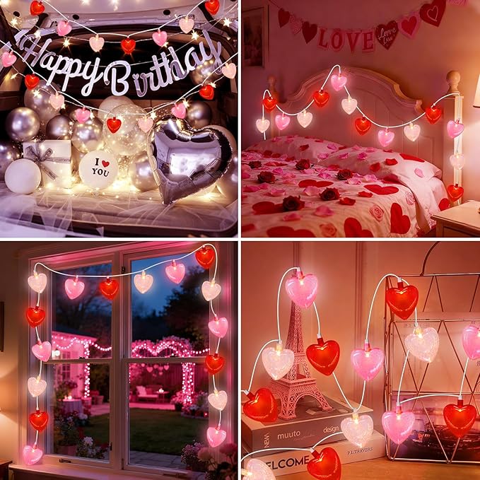 8.5Ft Valentine's Day Decorations Heart Lights String, Valentines Day Lights with 10 LED Red Pink White Heart-shaped with Glitter, Romantic Fairy Light for Valentine Proposal Anniversary Party Decor
