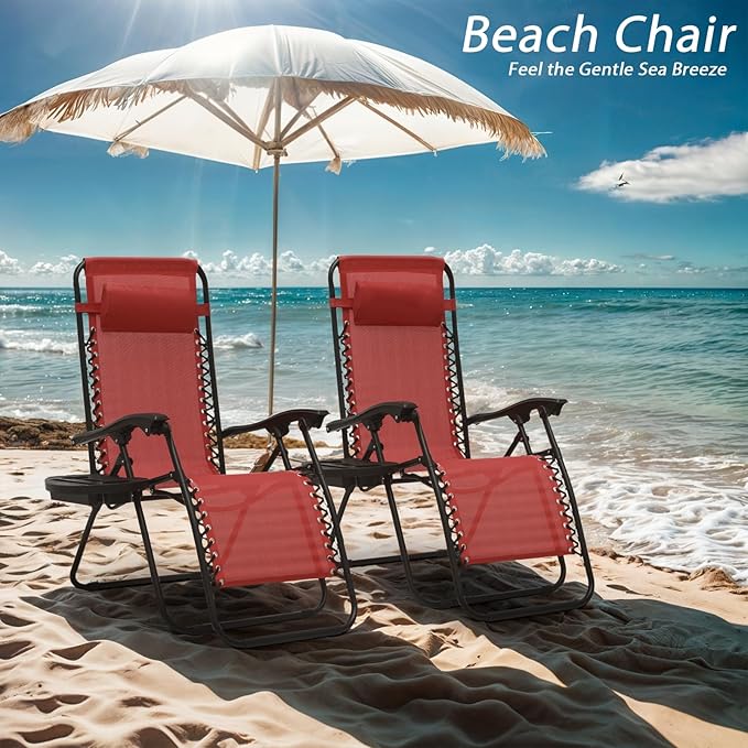 Zero Gravity Chairs, Portable Folding Reclining Lounge Chairs with Adjustable Pillow and Cup Holder Trays for Outdoor, Patio, Beach, Camping, Garden, Poolside, Wine Red