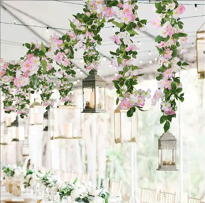 CISDUEO Artificial Cherry Blossom Flower Vine Pink Hanging Cherry Blossom Flower Silk Garland Hanging Vines Faux Flowers for Outdoors Spring Wedding Party Home Table Centerpiece Arrangement Decor