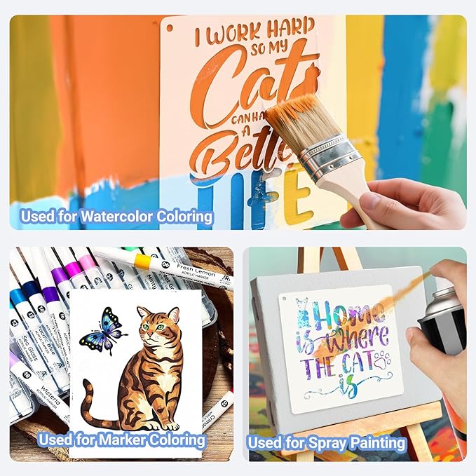 16 PCS Cat Stencils for Painting, Stencils for Crafts Reusable 8 x 8 Inch Quote Kitty Templates for Wood Signs Walls Canvas and Gifts for Cat Lovers