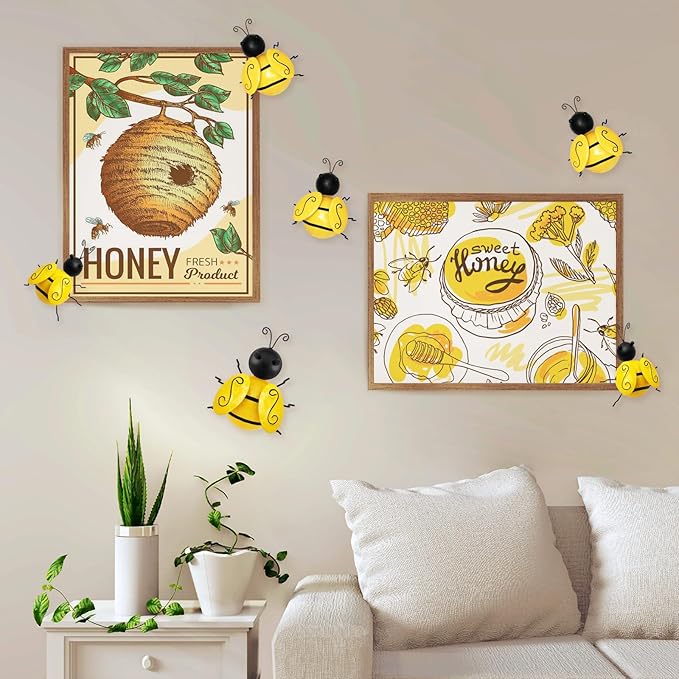 Metal Outdoor Wall Art Decor, 6 PCS Bumble Bee Decor Outdoor Wall Decors, Fence Decorations Outdoors Metal Garden Decors Outdoors Decorations for Yard Art Home