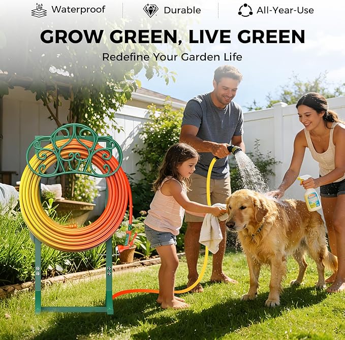 Garden Hose Holder with 2 Tool Hooks Heavy-Duty Freestanding Water Hose Holder Holds 160Ft Hoses, Rustproof Freestanding Hose Stand with 4 Spikes Hose Hanger Storage Reel Rack for Outside, Yard, Lawn