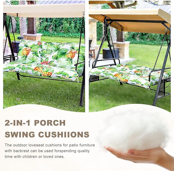 Porch Swing Cushion with Backrest,Waterproof Bench Cushion for Outdoor Furniture,2-3 Seater Replacement Thickened Swing Cushion with Ties,Patio,Outdoor,Backyard and Garden (Tropical Pineapple,47x40")