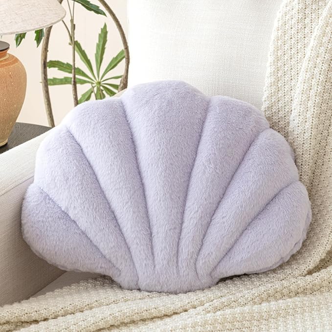 Shell Pillow, Seashell Throw Pillow with Soft Rabbit Plush for Couch Bed, Shell Shaped Decorative Ocean Pillow Stylish Beach Cushion Room Aesthetic Home Decor (Lavender Purple, 18 X 13 Inches)