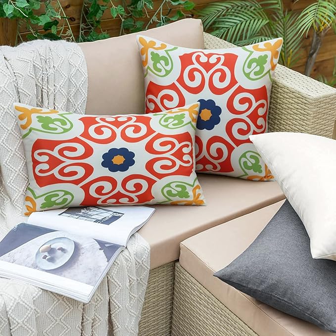 Pyonic Outdoor Waterproof Throw Pillow Covers for Patio Furniture Decorative Boho Pillow Covers 12x20 Floral Printed for Patio Tent Couch Garden Set of 4,Orange