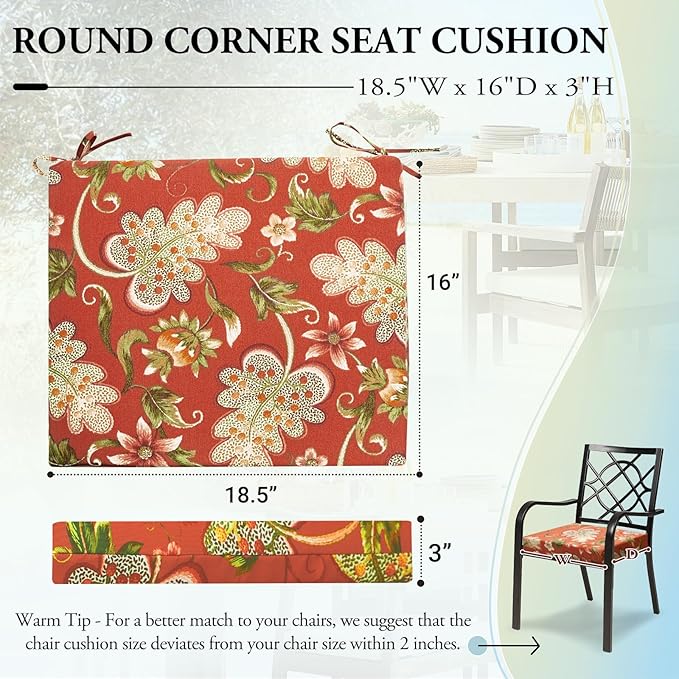 Wellsin Outdoor Chair Cushions for Patio Furniture - Outdoor Cushions for Chairs - Water Resistant Patio Chair Cushions Set of 4, 18.5"X16"X3", Flower Red