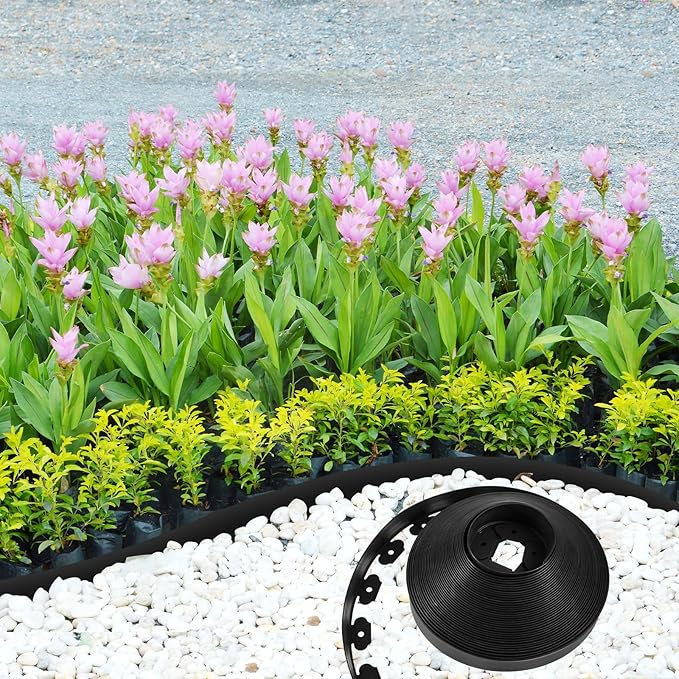 Sasylvia 3'' x 200' Landscape Edging Kit Edging Border Coil Include 120 Anchoring Spikes 10 Connectors Plastic Garden Border for Lawn Garden Grass Yard Home(Black)