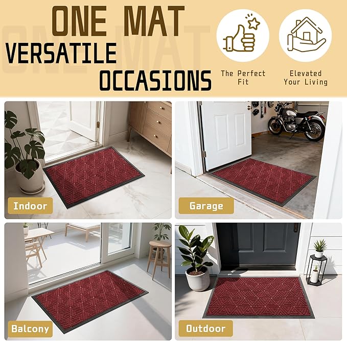Yimobra Outdoor Mats for Front Door 29.5x17, Stops Mud & Dirt at Entrance, Fits Garage & Patio, All-Weather Waterproof Non Slip Outdoor Indoor Welcome Mat, Black Red